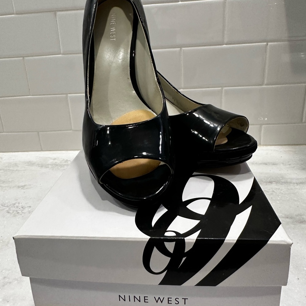 Nine West Glossy Black Peep Toe Heels